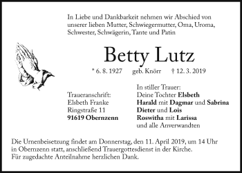 Traueranzeige von Betty Lutz von Ansbach