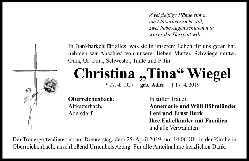 Traueranzeigen von Christina Wiegel | trauer.flz.de