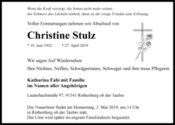 Traueranzeige von Christine Stulz von Rothenburg