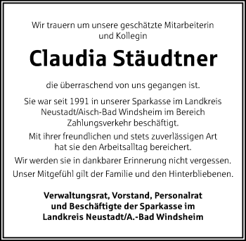 Traueranzeige von Claudia Stäudtner von Neustadt/ Scheinfeld/ Uffenheim