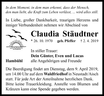 Traueranzeige von Claudia Stäudtner von Neustadt/ Scheinfeld/ Uffenheim