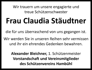 Traueranzeige von Claudia Stäudtner von Neustadt/ Scheinfeld/ Uffenheim