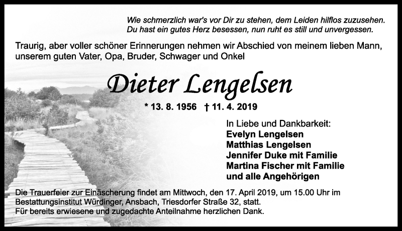  Traueranzeige für Dieter Lengelsen vom 13.04.2019 aus Ansbach