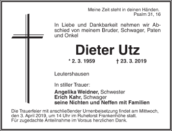 Traueranzeige von Dieter Utz von Ansbach