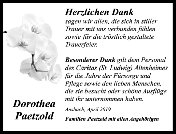 Traueranzeige von Dorothea Paetzhold von Ansbach