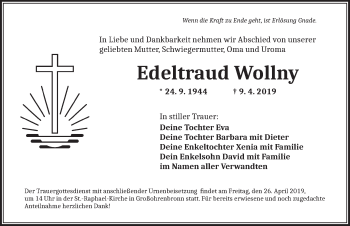 Traueranzeige von Edeltraud Wollny von Dinkelsbühl/ Feuchtwangen