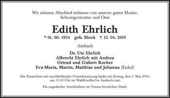 Traueranzeige von Edith Ehrlich von Ansbach