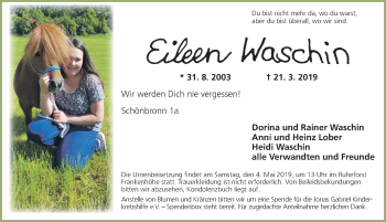 Traueranzeige von Eileen Waschin von Ansbach