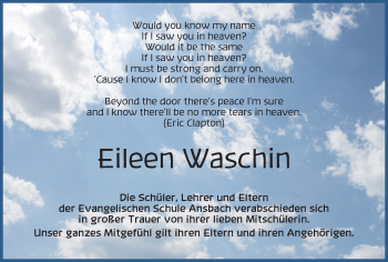 Traueranzeige von Eileen Waschin von Ansbach