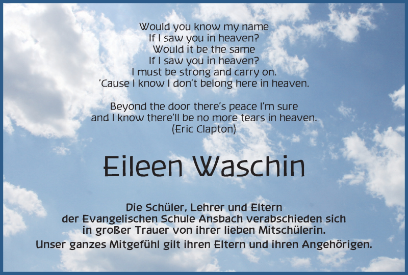  Traueranzeige für Eileen Waschin vom 30.04.2019 aus Ansbach