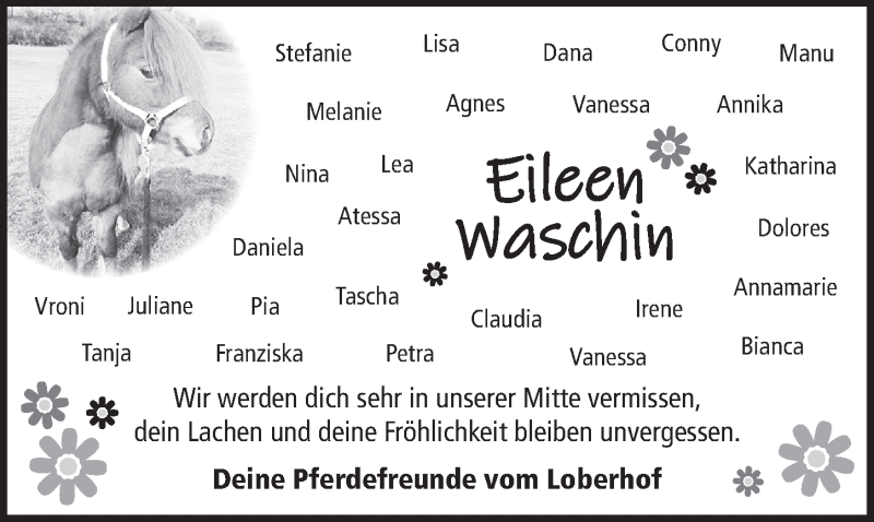  Traueranzeige für Eileen Waschin vom 30.04.2019 aus Ansbach
