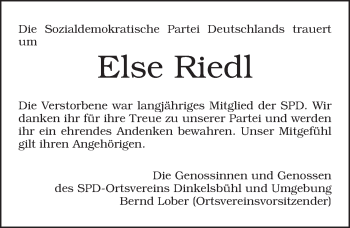 Traueranzeige von Else Riedl von Dinkelsbühl/ Feuchtwangen