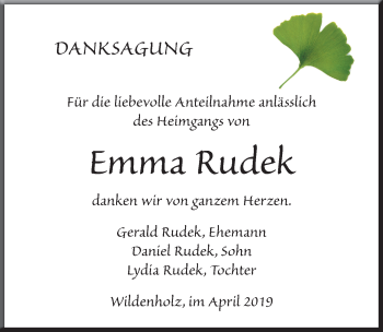 Traueranzeige von Emma Rudek von Dinkelsbühl/ Feuchtwangen