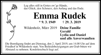 Traueranzeige von Emma Rudek von Rothenburg