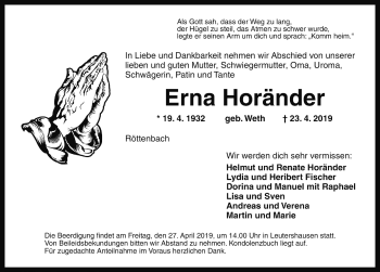 Traueranzeige von Erna Horänder von Rothenburg