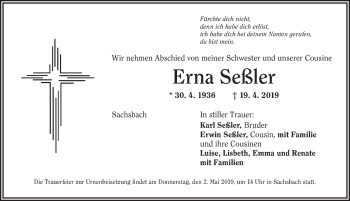 Traueranzeige von Erna Seßler von Dinkelsbühl/ Feuchtwangen