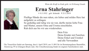 Traueranzeige von Erna Stahringer von Neustadt/ Scheinfeld/ Uffenheim