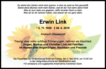 Traueranzeige von Erwin Link von Ansbach