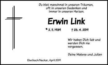 Traueranzeige von Erwin Link von Ansbach