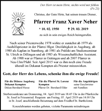 Traueranzeige von Franz Xaver Neher von Dinkelsbühl/ Feuchtwangen