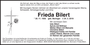 Traueranzeige von Frieda Bilert von Ansbach
