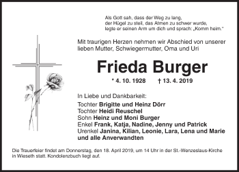 Traueranzeige von Frieda Burger von Dinkelsbühl/ Feuchtwangen