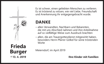 Traueranzeige von Frieda Burger von Dinkelsbühl/ Feuchtwangen