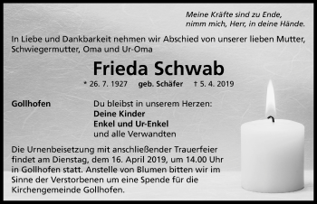 Traueranzeige von Frieda Schwab von Neustadt/ Scheinfeld/ Uffenheim