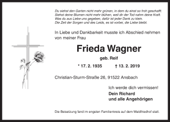 Traueranzeige von Frieda Wagner von Ansbach
