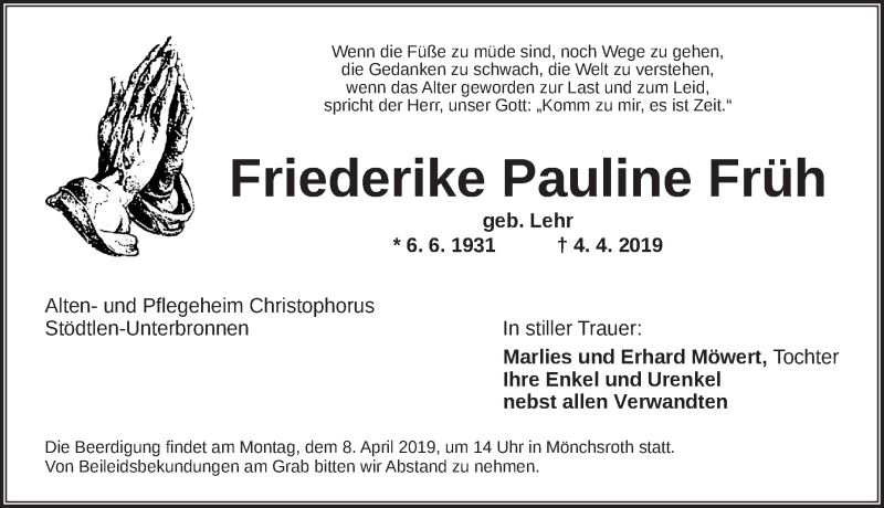  Traueranzeige für Friederike Pauline Früh vom 06.04.2019 aus Dinkelsbühl/ Feuchtwangen