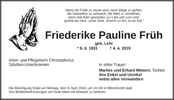 Traueranzeige von Friederike Pauline Früh von Dinkelsbühl/ Feuchtwangen