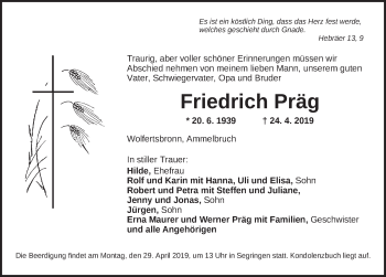 Traueranzeige von Friedrich Präg von Dinkelsbühl/ Feuchtwangen