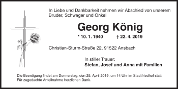 Traueranzeige von Georg König von Ansbach