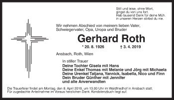 Traueranzeige von Gerhard Roth von Ansbach