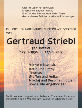 Traueranzeige von Gertraud Striebl von Dinkelsbühl/ Feuchtwangen