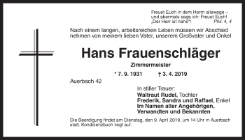 Traueranzeige von Hans Frauenschläger von Gesamtausgabe