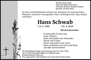 Traueranzeige von Hans Schwab von Ansbach