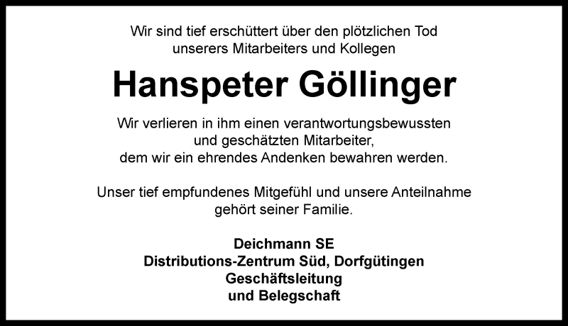  Traueranzeige für Hanspeter Göllinger vom 13.04.2019 aus Dinkelsbühl/ Feuchtwangen