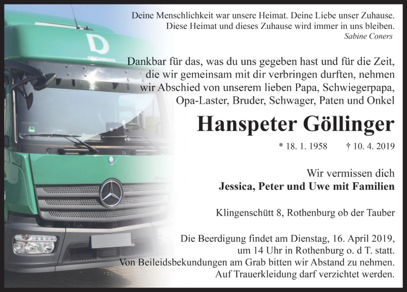  Traueranzeige für Hanspeter Göllinger vom 13.04.2019 aus Rothenburg