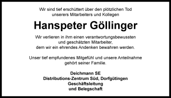Traueranzeige von Hanspeter Göllinger von Dinkelsbühl/ Feuchtwangen