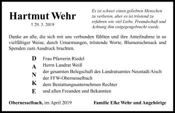 Traueranzeige von Hartmut Wehr von Neustadt/ Scheinfeld/ Uffenheim