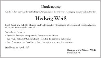 Traueranzeige von Hedwig Weiß von Ansbach