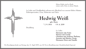 Traueranzeige von Hedwig Weiß von Ansbach