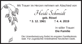 Traueranzeige von Heidi Schmidt von Ansbach