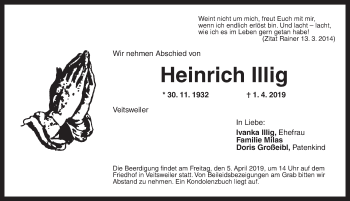 Traueranzeige von Heinrich Illig von Dinkelsbühl/ Feuchtwangen