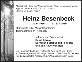 Traueranzeige von Heinz Besenbeck von Ansbach