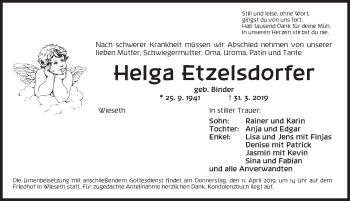 Traueranzeige von Helga Etzelsdorfer von Dinkelsbühl/ Feuchtwangen