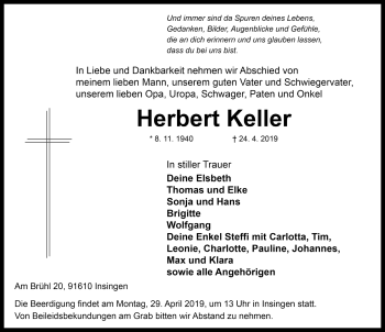 Traueranzeige von Herbert Keller von Rothenburg