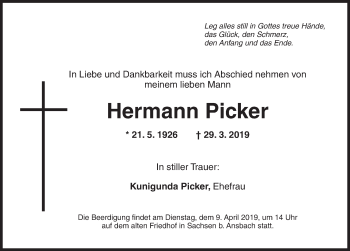Traueranzeige von Hermann Picker von Ansbach