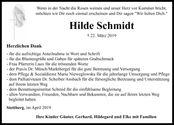 Traueranzeige von Hilde Schmidt von Rothenburg
